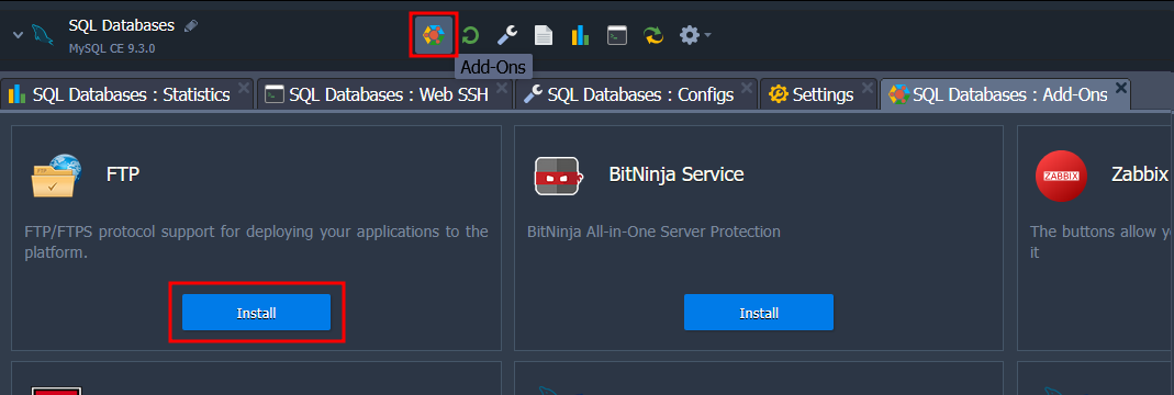 imagem mostrando o add-on do FTP na plataforma saveincloud