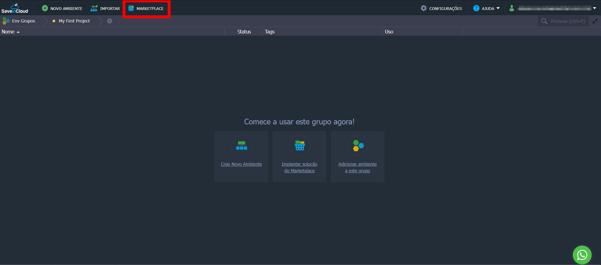 marketplace no painel saveincloud