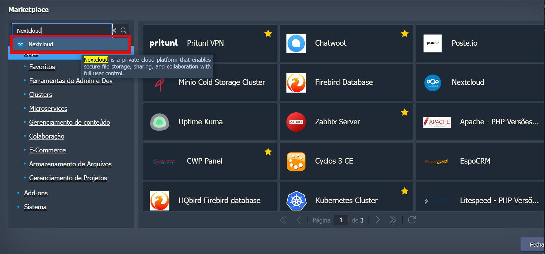 encontrando o Nextcloud no painel do marketplace
