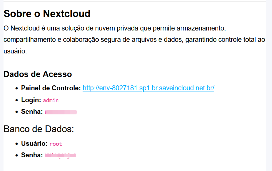 email enviado com as credencias de acesso ao nextcloud