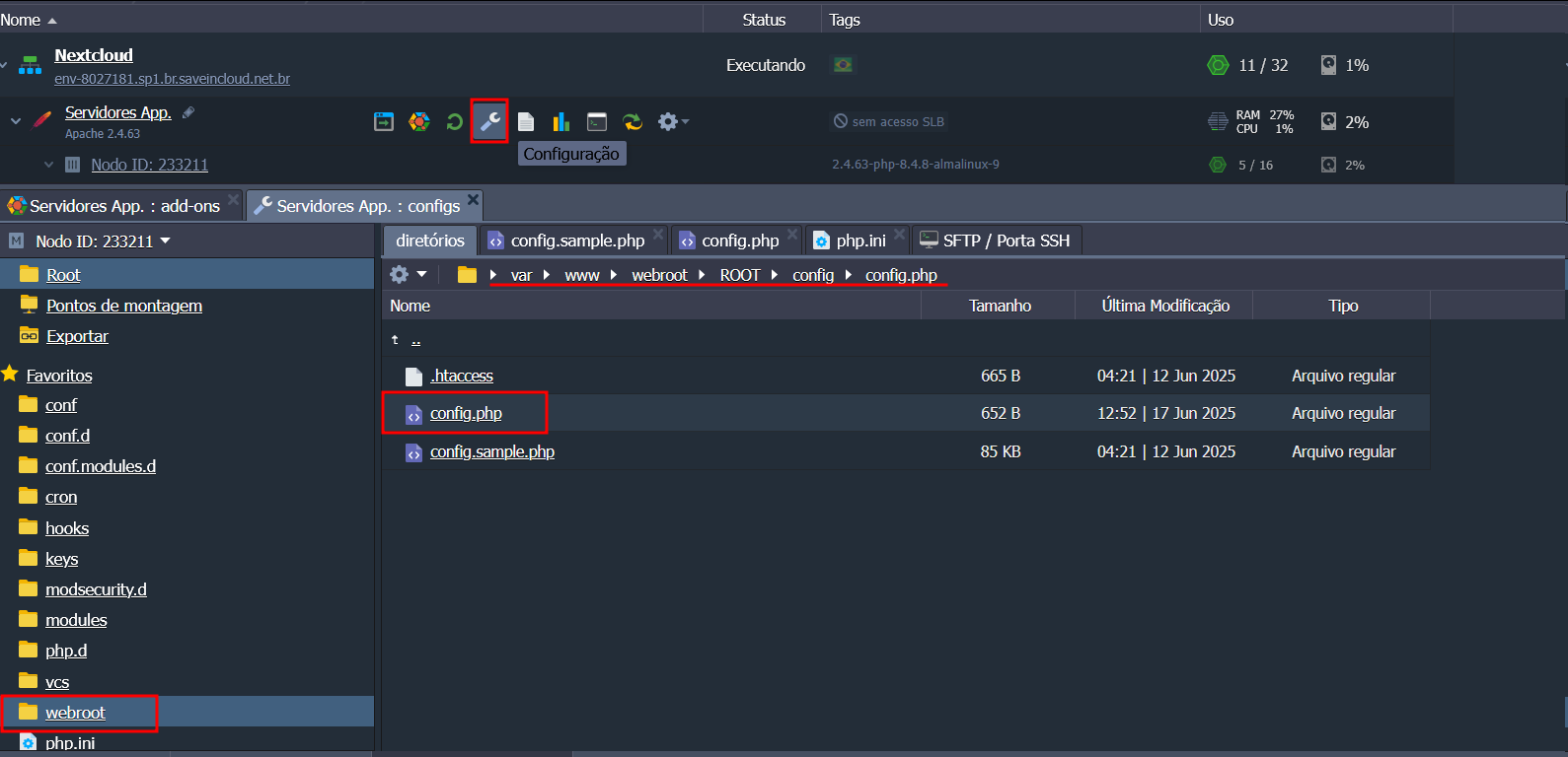 configuração do php config.php