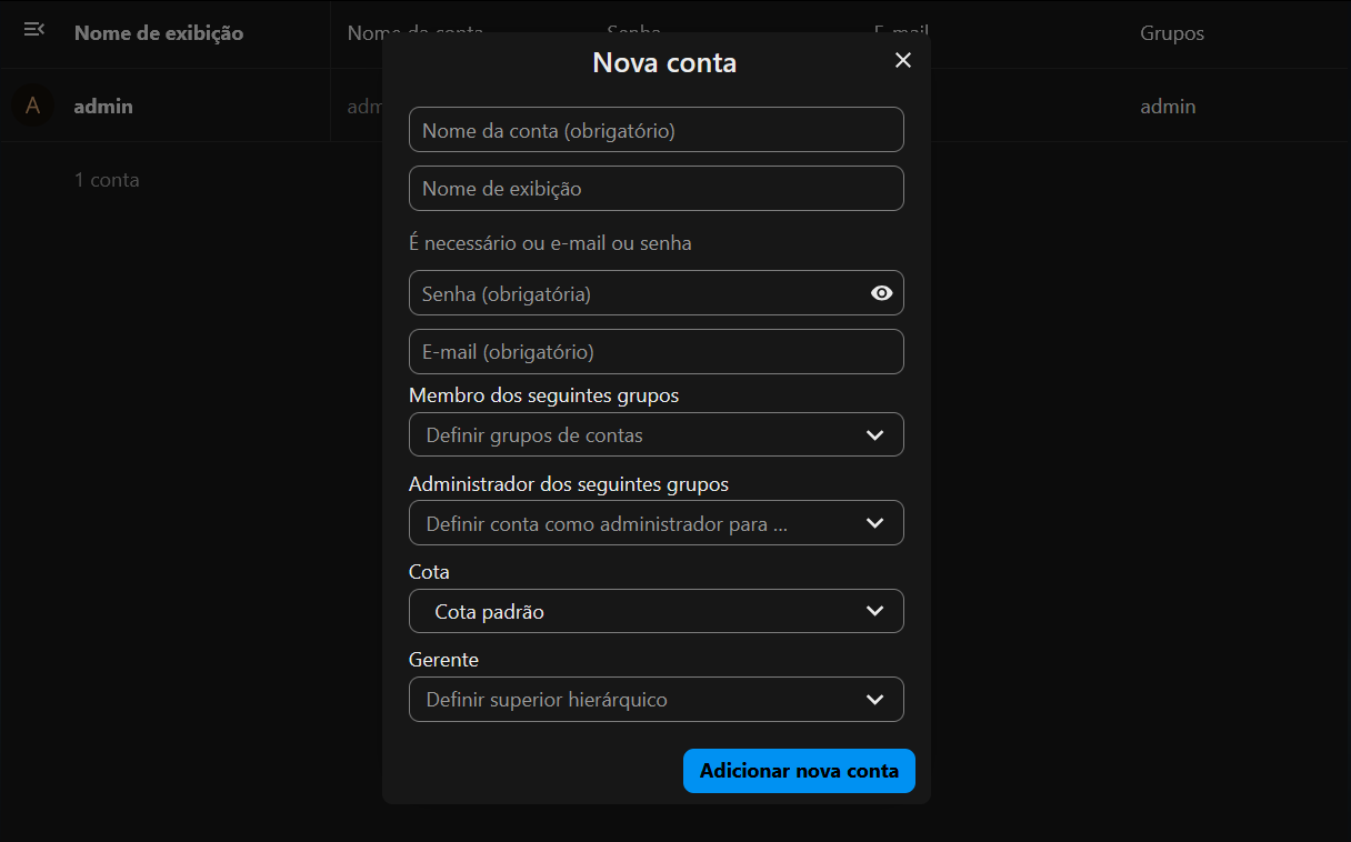 Painel de criação de novo usuário