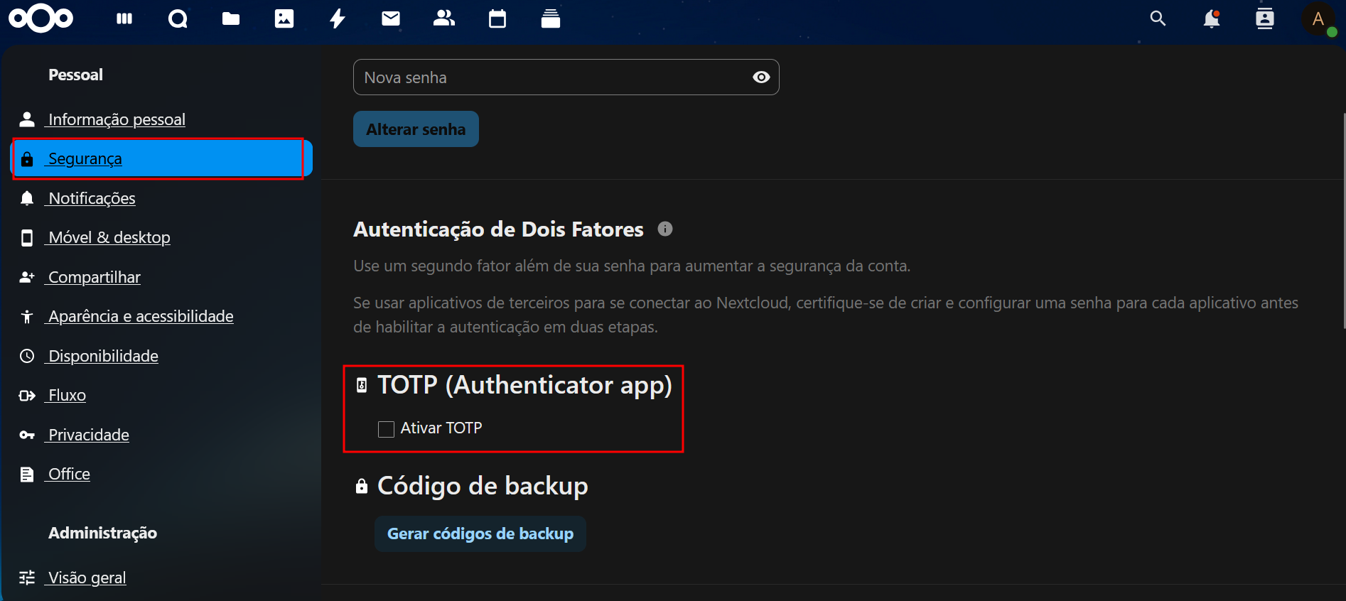 Ativação do TOTP passo 2
