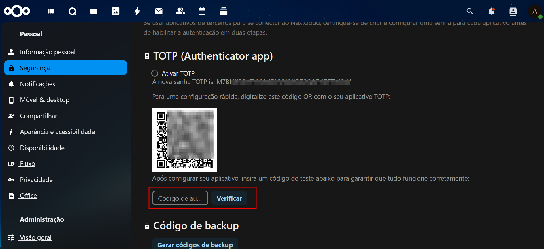 Ativação do TOTP passo 3
