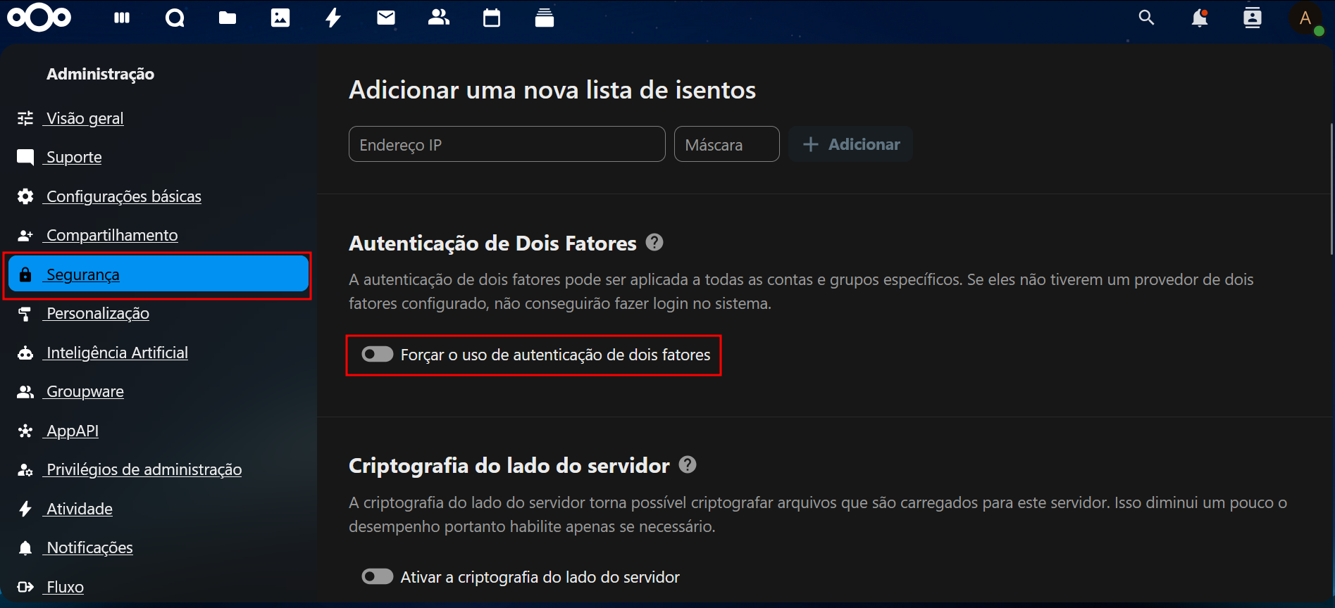 Configuração para forçar a autenticação de dois fatores para todos os usuários