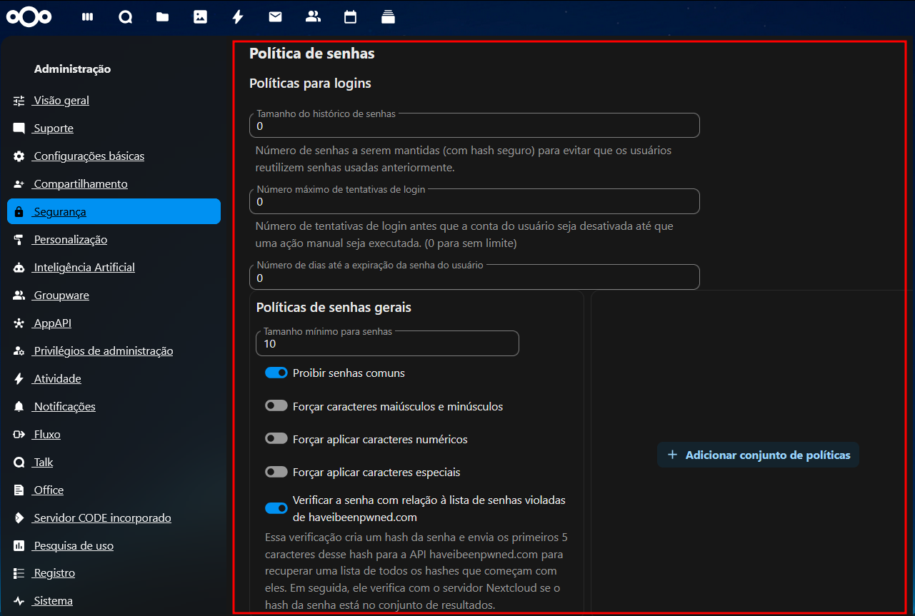 Politica de senhas nas configurações de segurança