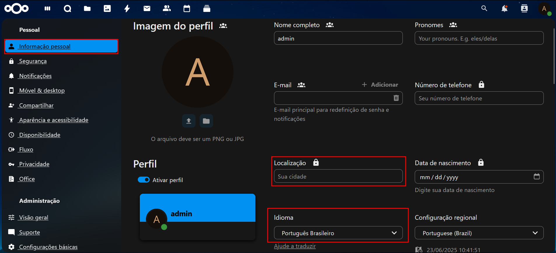 Localização e Idiomas nas configurações