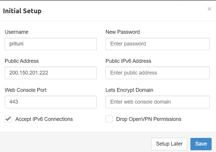 Tela de Setup de dados - Pritunl