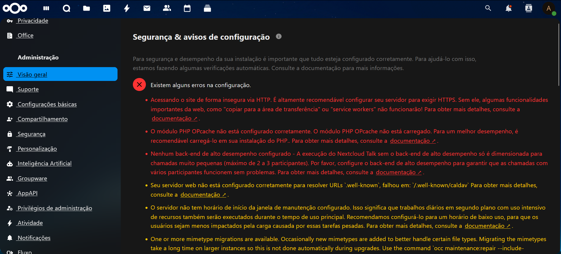 Imagem dos avisos após a instalação