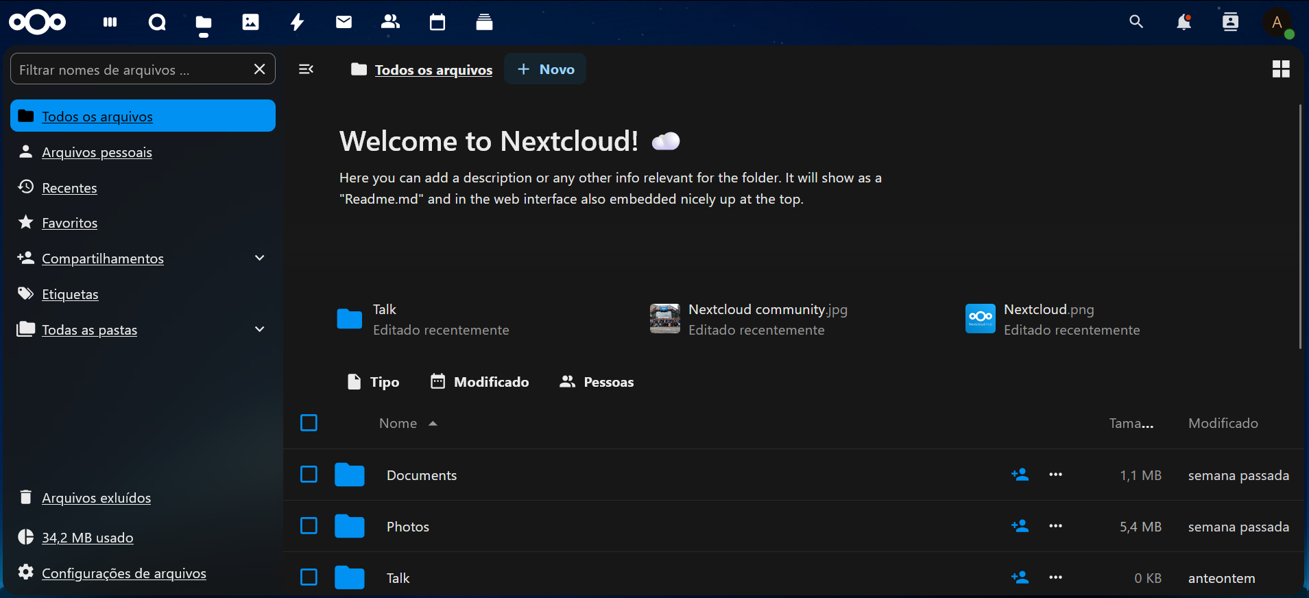Dashboard do módulo Files do Nextcloud