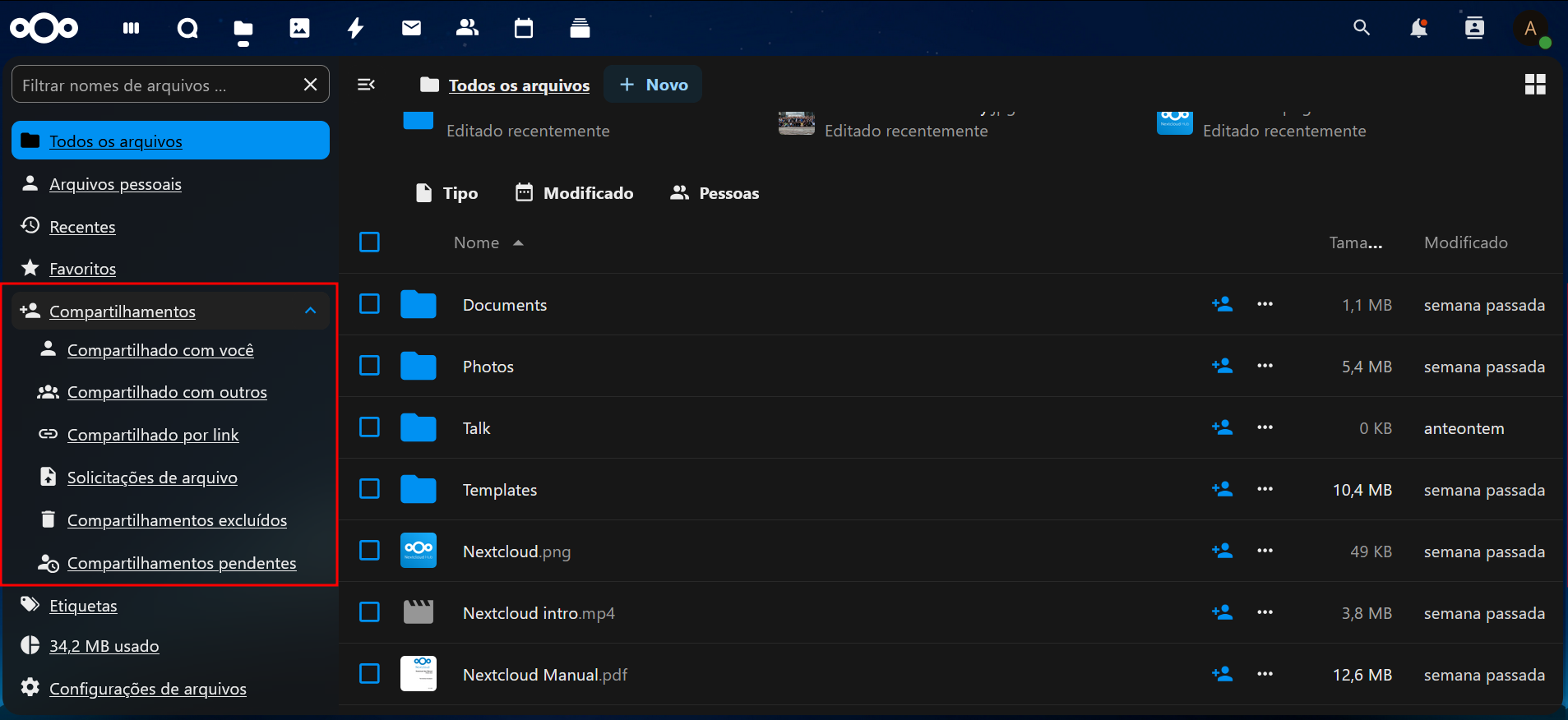 Compartilhamento no painel nextcloud files