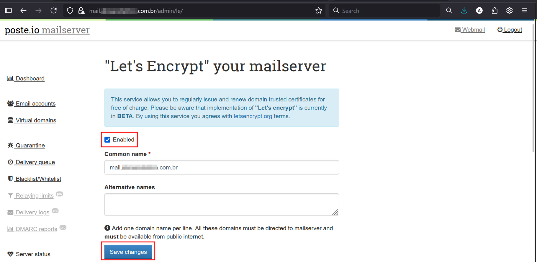 Habilitar o certificado letsencrypt