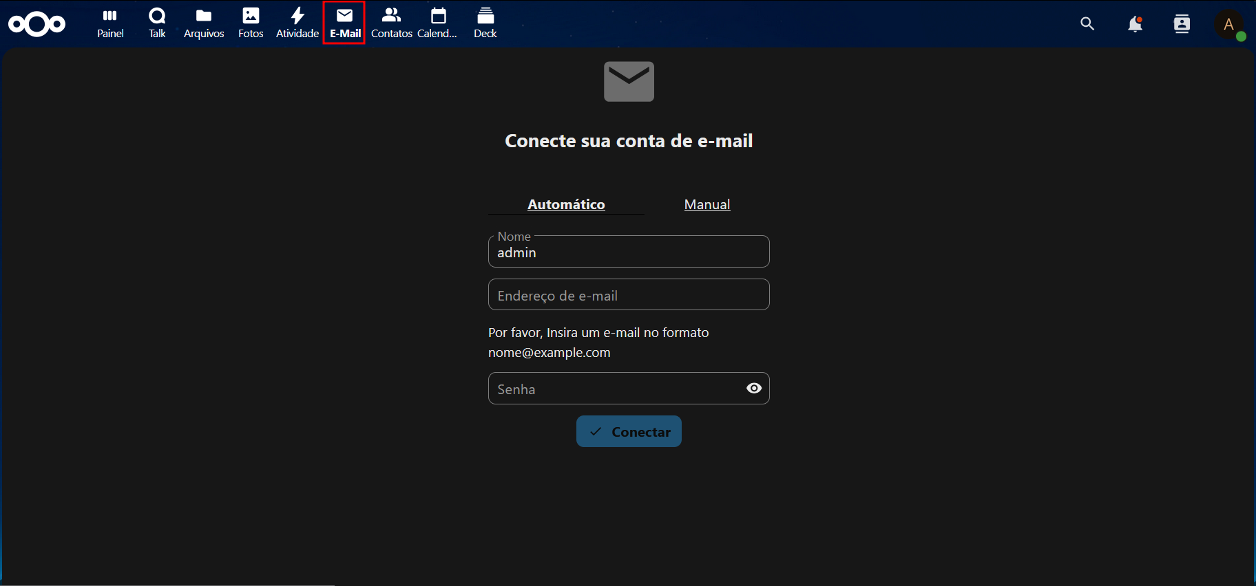 Painel de adição para o servidor de email