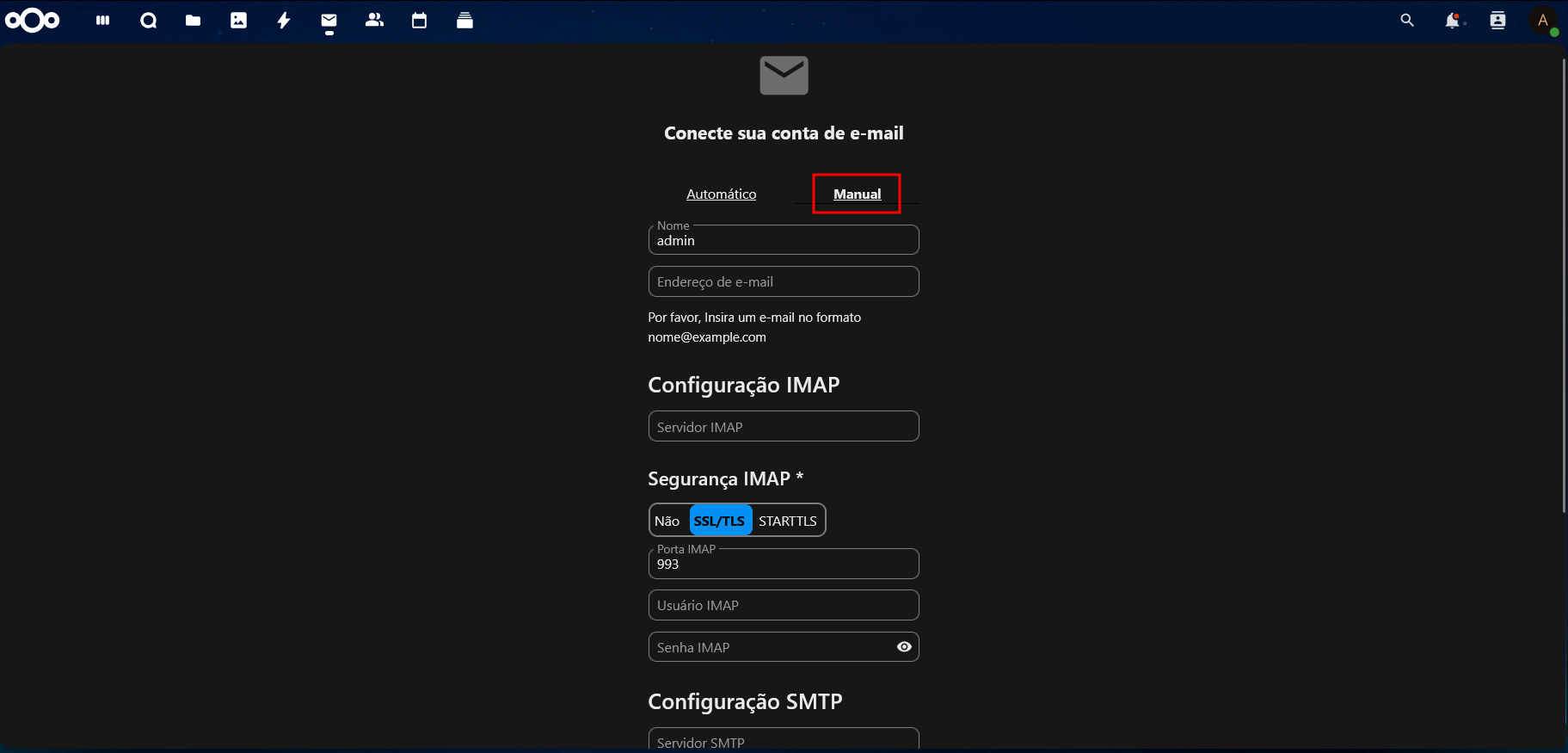 Imagem do painel de configuração manual
