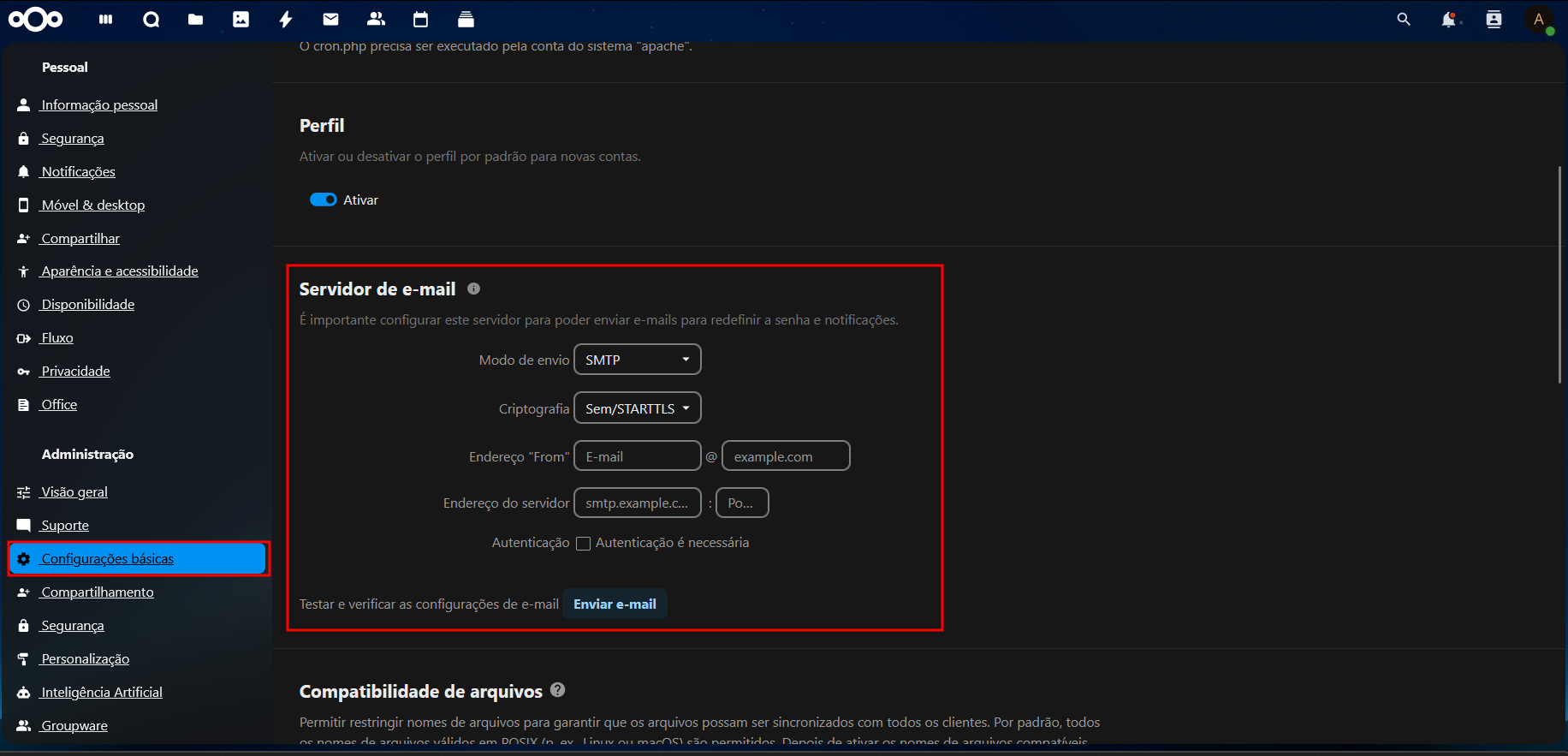 Configurações de email do sistema