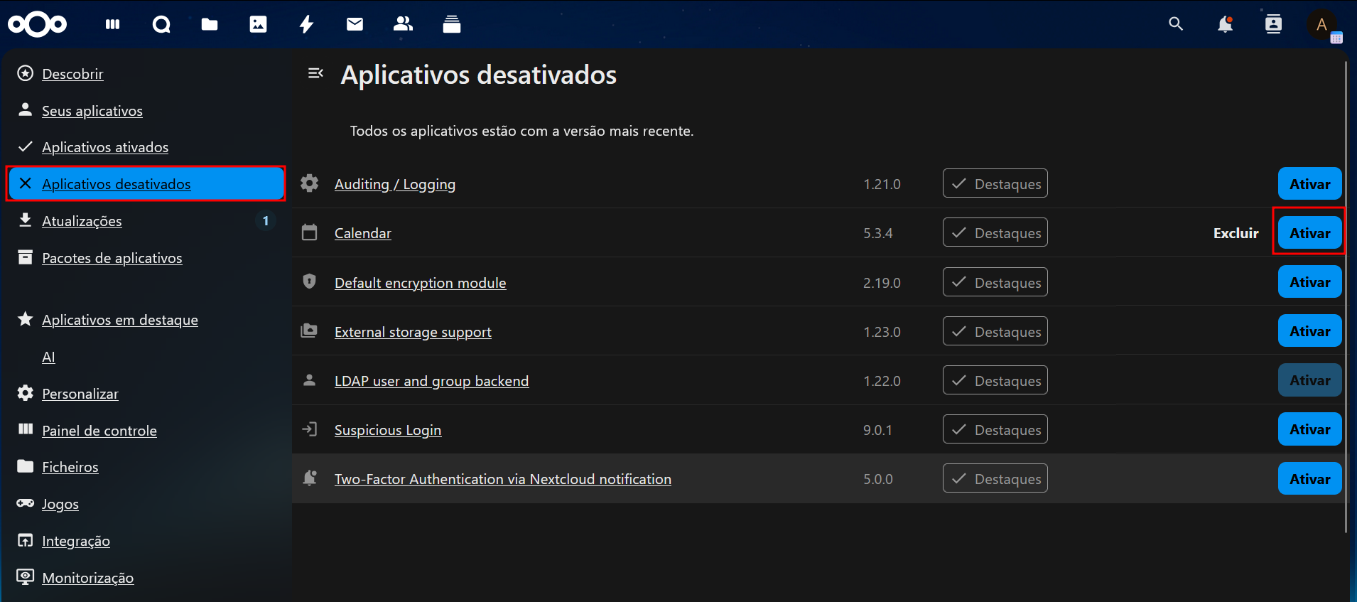Ativação do APP de calendário Nextcloud