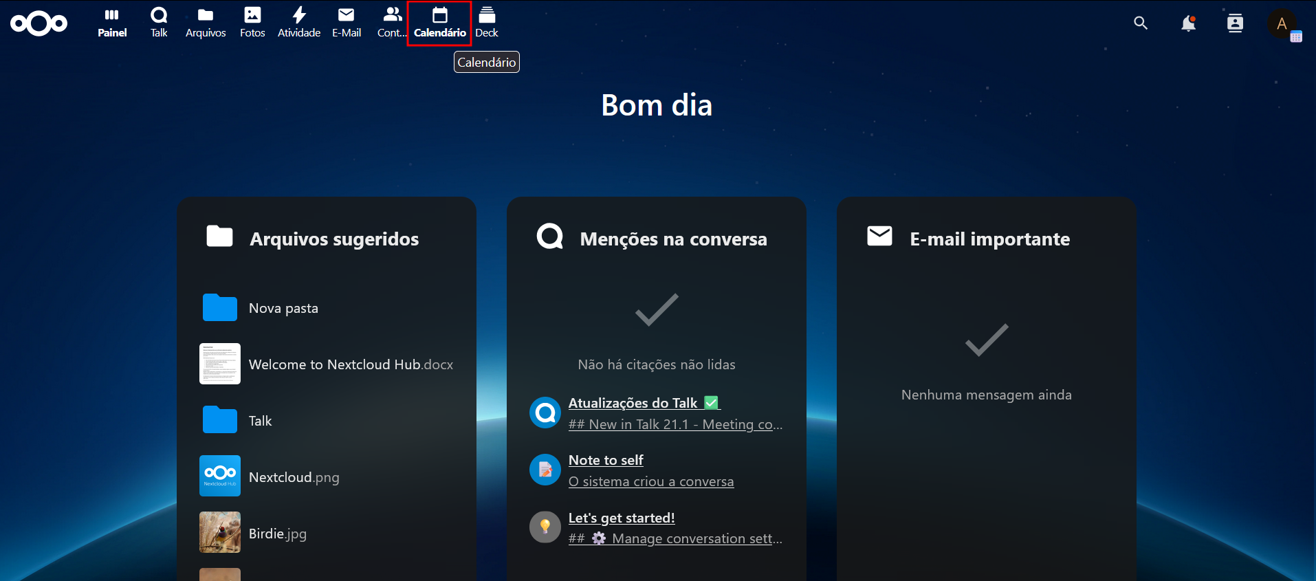 Calendário acesso a partir do dashboard nextcloud