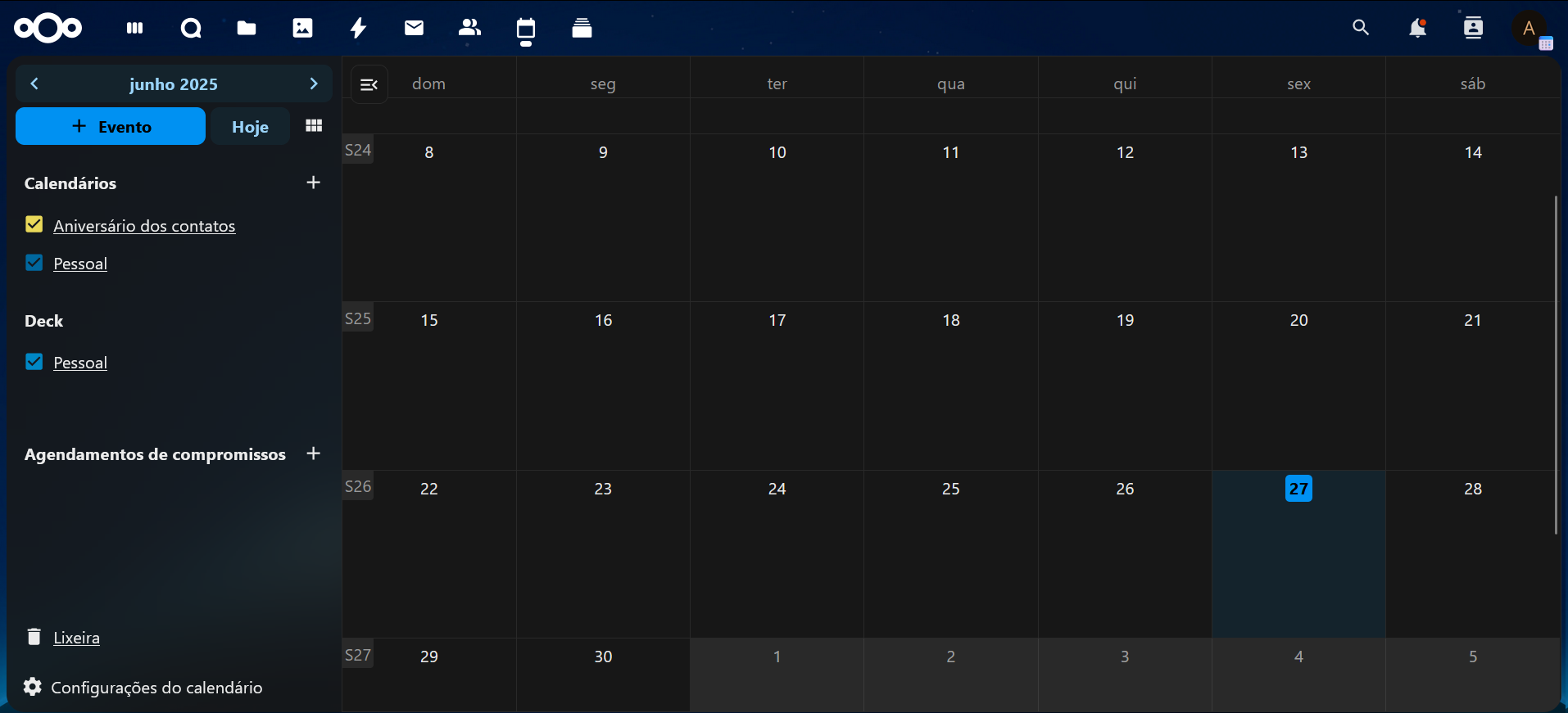 Visão geral do painel do calendário