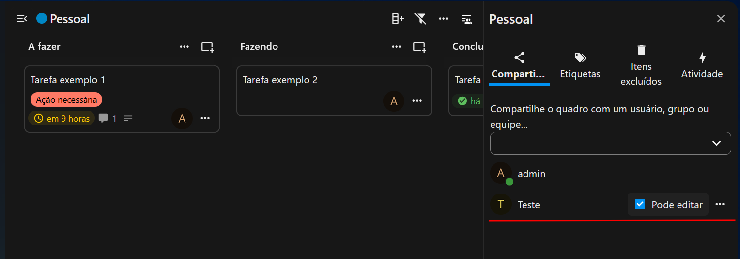Permissões de edição para cartoes