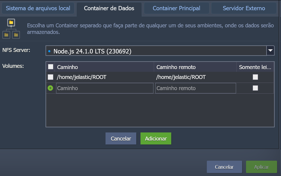Container de dados configurações